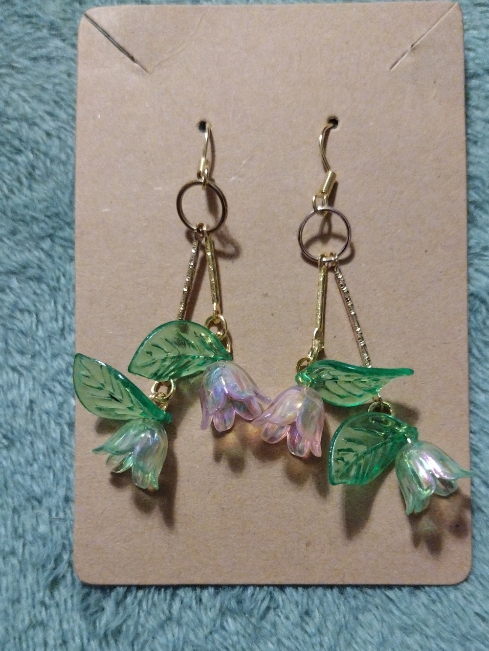 Gold-Tone Green & Iridescent Flower Drop Earrings